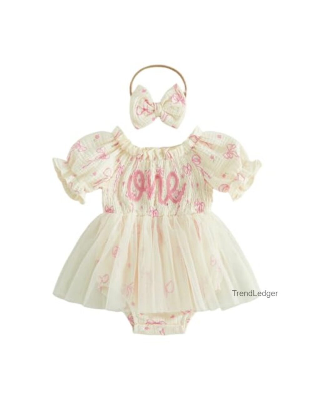Baby Girl 1st Birthday Tulle Romper Dress Cotton Blend with Headband